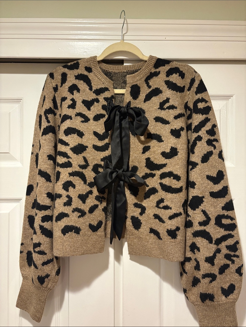 Commense Leopard-Print Knit Cardigan in Tan & Black with Satin Bows